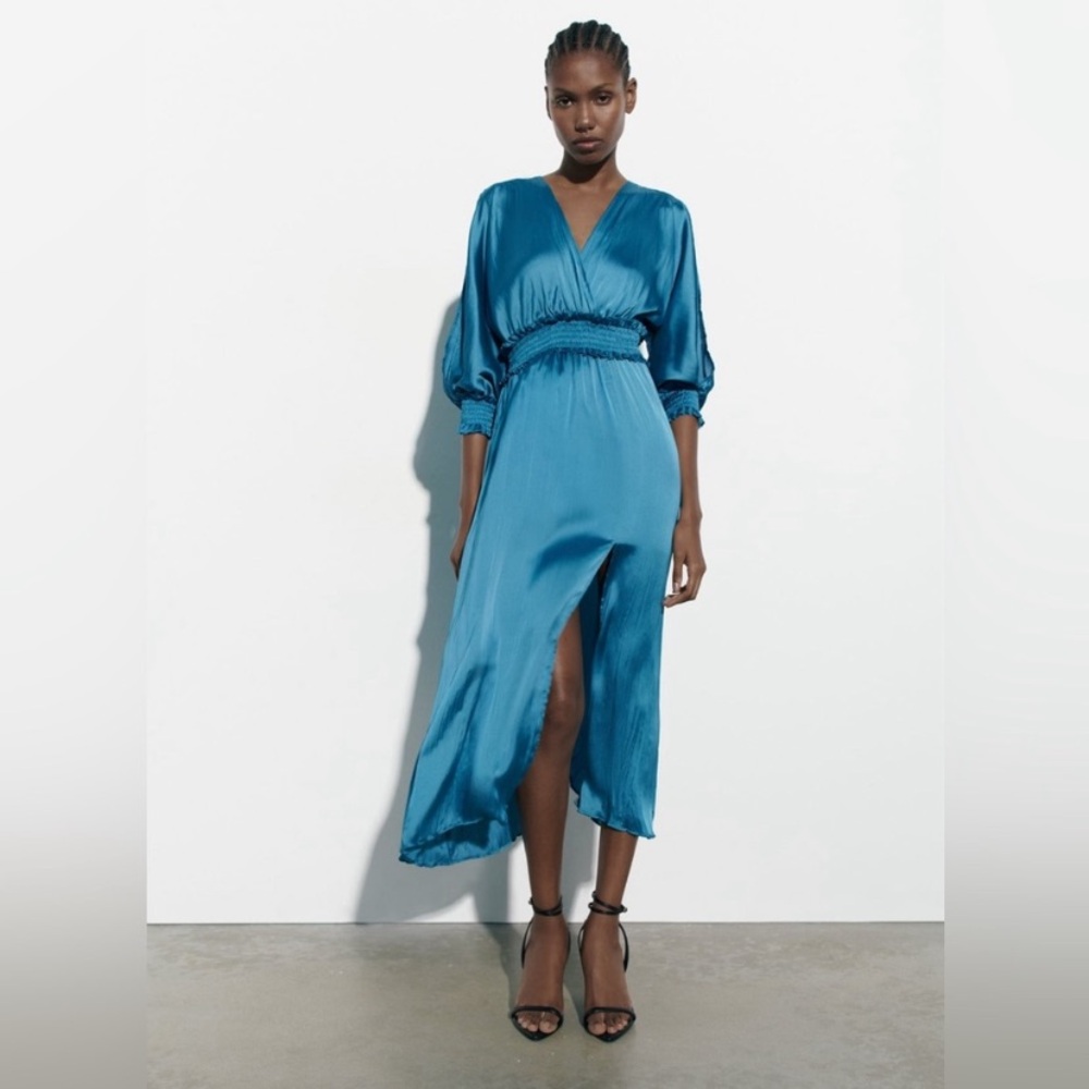 ZARA WRINKLE LOOK SATIN EFFECT MIDI DRESS